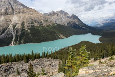 Canada British Columbia Banff National Park Peyto Lake Against Rocks