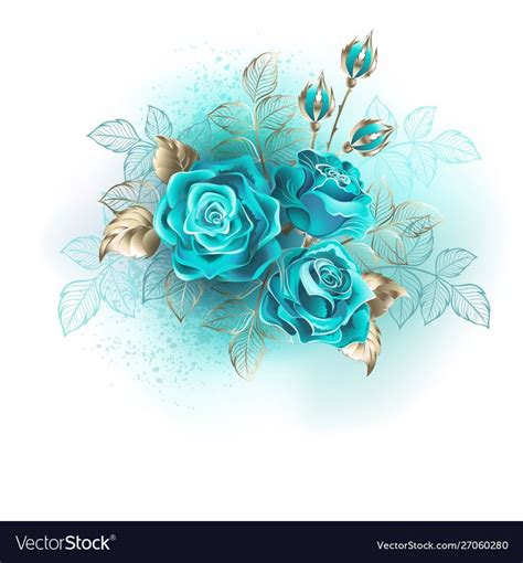 Bouquet Of Three Turquoise Roses With Gold And Turquoise Leaves On