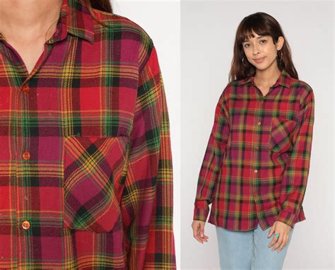 90s Flannel Shirt Red Plaid Button Up Shirt Retro Checkered Grunge