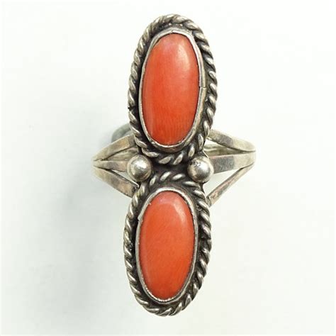 Vintage Navajo Double Coral Ring Sterling Silver Size 9 Native Etsy