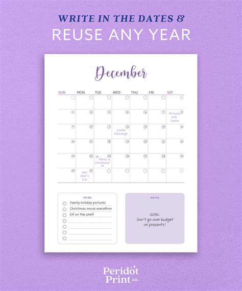 Printable Undated Monthly Calendar Cute And Simple Purple Etsy