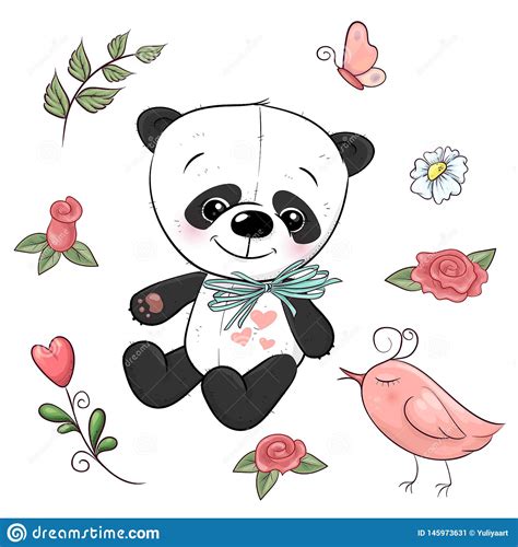 Set Of Little Panda And Flowers Hand Drawing Stock Illustration