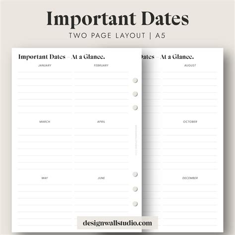 Important Dates At A Glance Printable Insert A5 Free Download