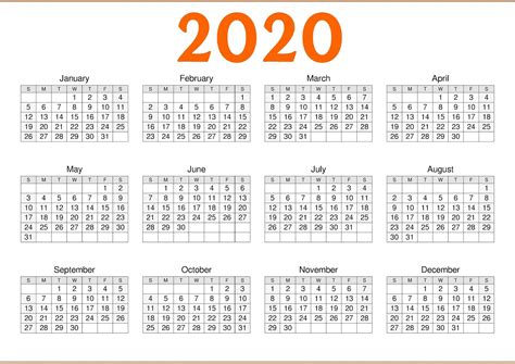 Calendar 2020 1 Page Calendar Printables Free Templates