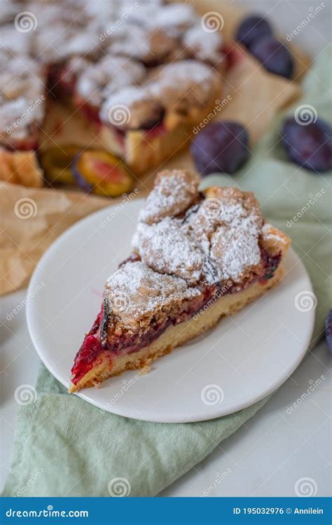 Sweet Home Made Plum Crumble Pie On A Table Stock Photo Image Of