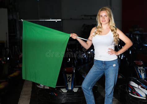 Girl Holding Green Flag At Kart Racing Track Stock Photo Image Of