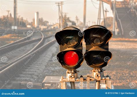Traffic Light Shows Red Signal On Railway Stock Photo Image Of Sign