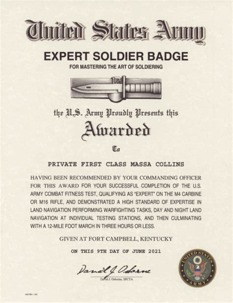 Army Expert Soldier Badge Certificate