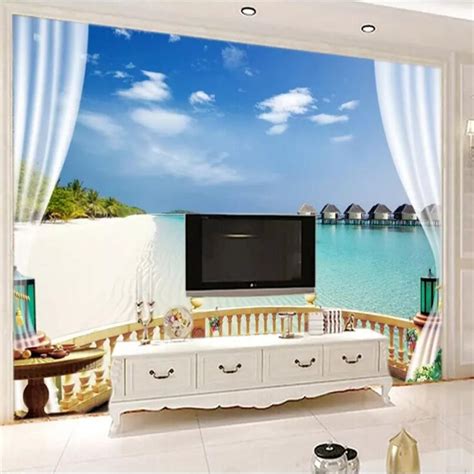 Beibehang Custom Wallpaper 3d Stereo Outside Seaview Sofa Background