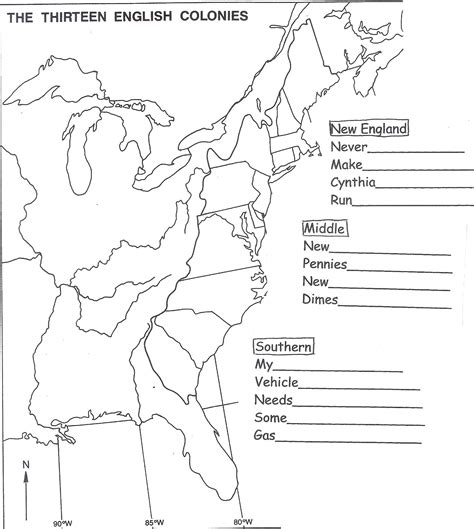 Map Of 13 Colonies Worksheets