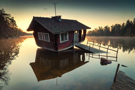House Water Landscape Reflection Sweden Trees Wallpapers Hd