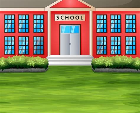 Premium Vector Cartoon A School Building With Green Lawn