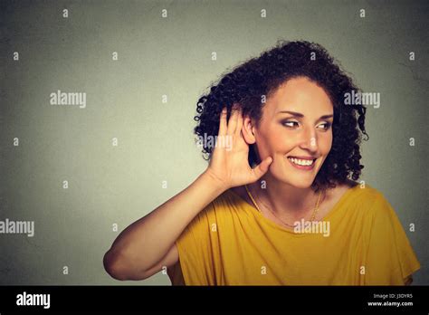 Closeup Portrait Happy Middle Aged Nosy Woman Hand To Ear Gesture