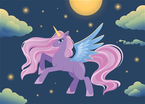 Magical Cartoon Unicorn Pegasus On Night Sky 3314359 Vector Art At Vecteezy
