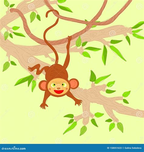 Cheerful Monkey Hanging On A Tree Branch Children S Design Hand Drawn