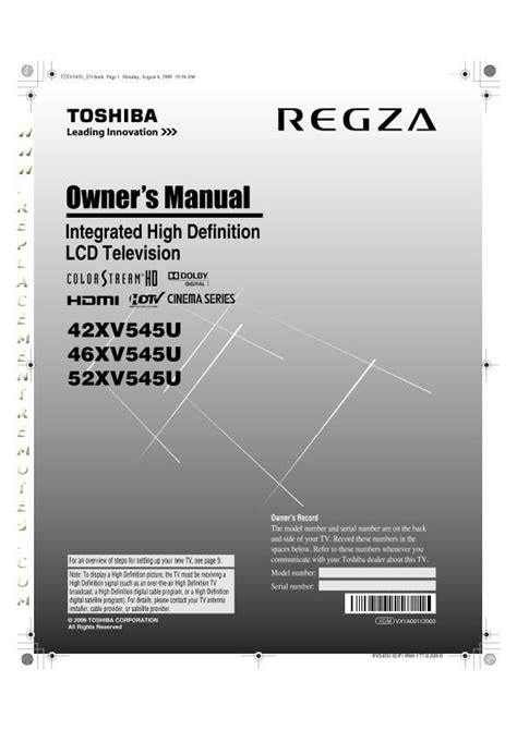 Buy Toshiba 42xv545uom 42xv545u 46xv545u 52xv545u Tv Tv Operating Manual