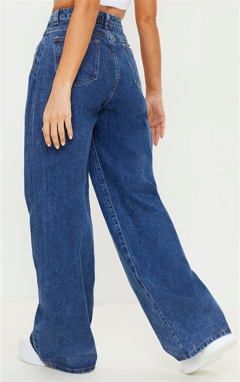 Dark Blue Wash Seam Detail Wide Leg Baggy Jeans Prettylittlething Ksa