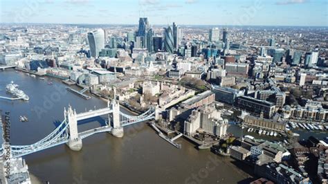 Aerial Drone Birds Eye View Of Iconic Tower Bridge The Shard And