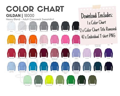 Gildan 18000 Adult Crewneck Sweatshirt Color Chart Gildan Etsy