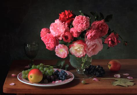 Still Life With A Bouquet Of Roses And Fruits Photograph By Tatyana