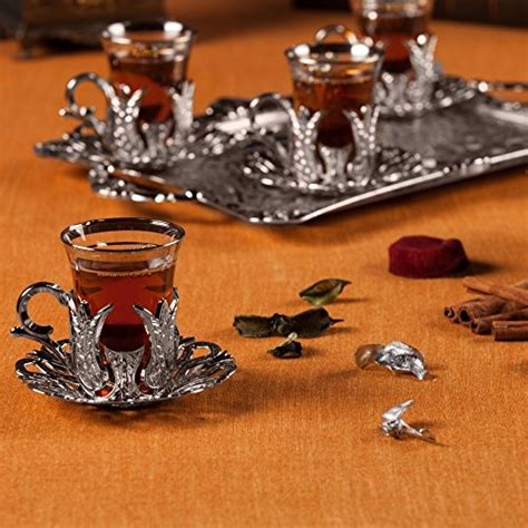 Turkish Tea Set For 6 Glasses With Brass Holders Lids Saucers Tray