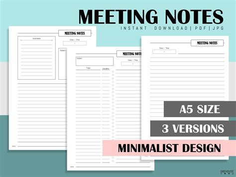 Meeting Notes Printable A5 Inserts Business Planner Work Etsy Uk A5