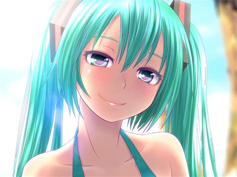 Wokada Hatsune Miku Vocaloid Wallpaper 1girl Aqua Eyes Aqua Hair Bare Shoulders Blurry