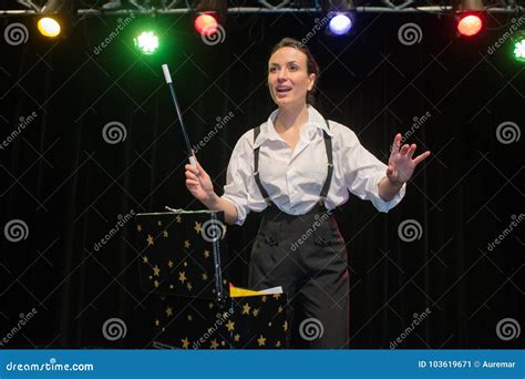 Female Magician Performing Show On Stage Stock Image Image Of