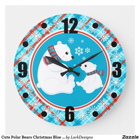 Cute Polar Bears Christmas Blue Plaid Tartan Snow Blue Wall Clocks