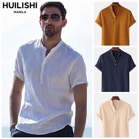 huilishi 9colour chinese collar men s short sleeved cotton shirt polo shirt shopee philippines