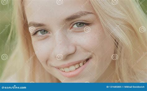 Close Up Face Of A Smiling 19 Year Old Blonde Girl Stock Image Image Of Moisturizing Eyes