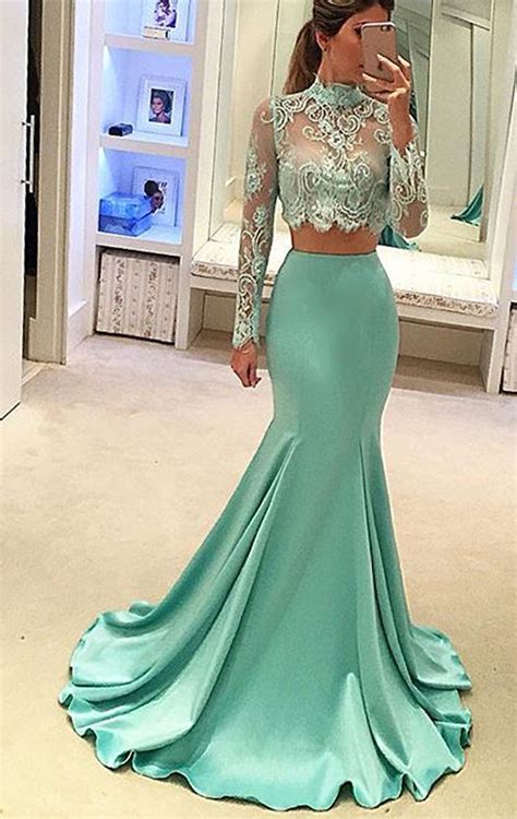 Macloth Mermaid Two Piece Long Sleeves Prom Gown Lace Formal Dress