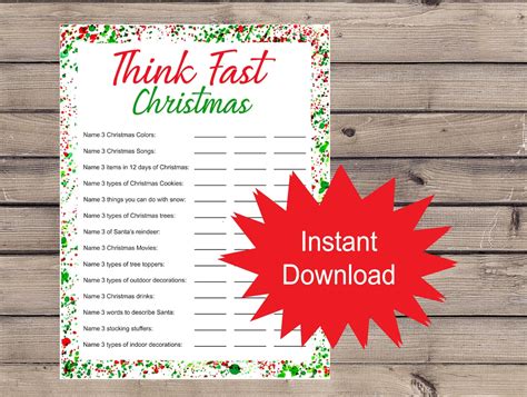 Think Fast Christmas Game Printable Christmas Game Christmas Etsy