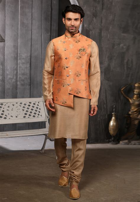 Golden Jacquard Readymade Kurta Pajama With Jacket 186555 Indian Groom Wear Nehru Jackets