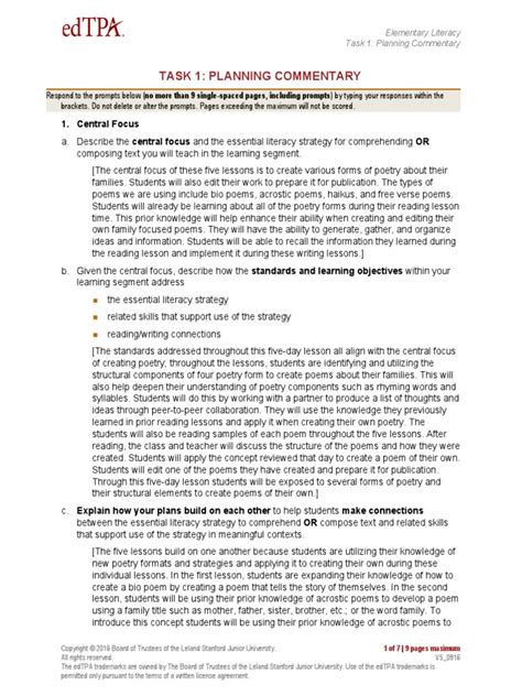 Task 1 Planning Commentary Pdf Educational Assessment Teachers