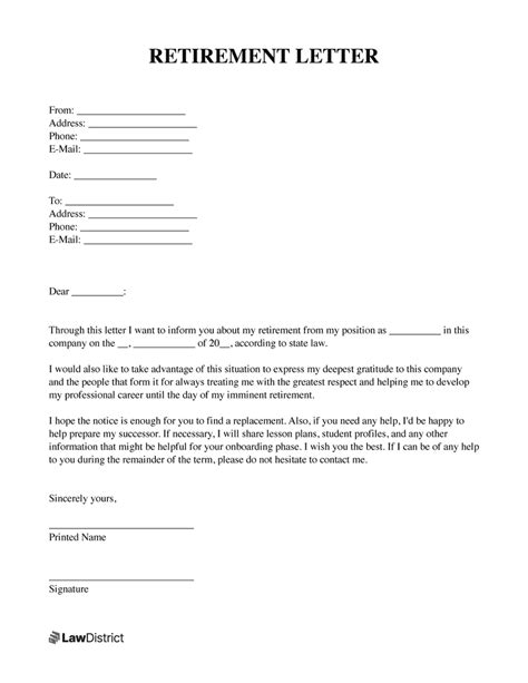 Free Retirement Resignation Letter Template Samples And Pdf Lawdistrict