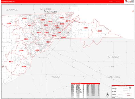 Lucas County Oh Zip Code Wall Map Red Line Style By Marketmaps