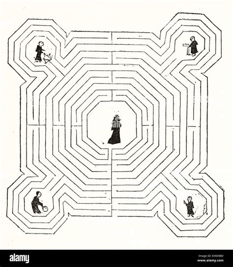 Old Illustration Of The Labyrinth Installed On The Floor Of The Reims Cathedral By Unidentified