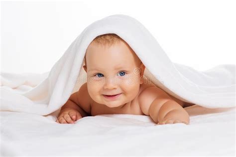 Cute Smiling Baby Lying On Towel Isolated On White Stock Image Image