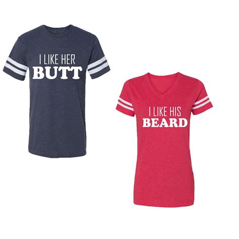 i like her butt his beared unisex couple matching cotton jersey style t shirt contrasting