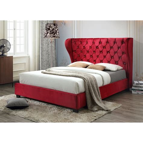 Red Tufted Classic Velvet Wingback Queen Platform Bed With A 65 In Tall