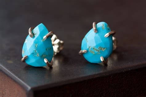 Blue Turquoise Stud Earrings In Kt Gold