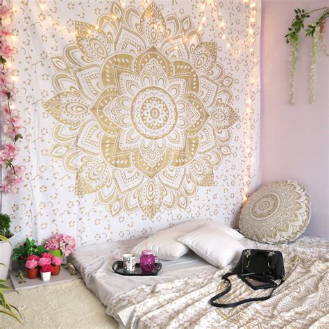 Product title zkgk owl art pattern tapestry wall hanging wall deco. Golden Mandala Wall Hanging Hippie Tapestries Bohemian Mandala Tapestry Wall Hanging Indian Gold ...