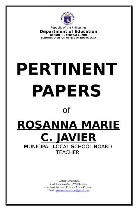 Pertinent Papers And Table Of Contents Department Education Region Free