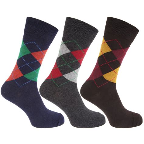 Mens Cotton Rich Argyle Elastic Top Socks 3 Pairs Ebay