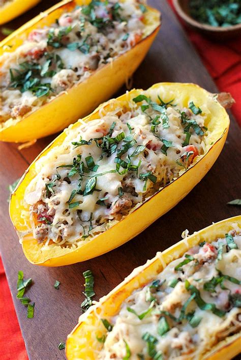 Spaghetti Squash Boats With Spicy Sausage Eat Yourself Skinny