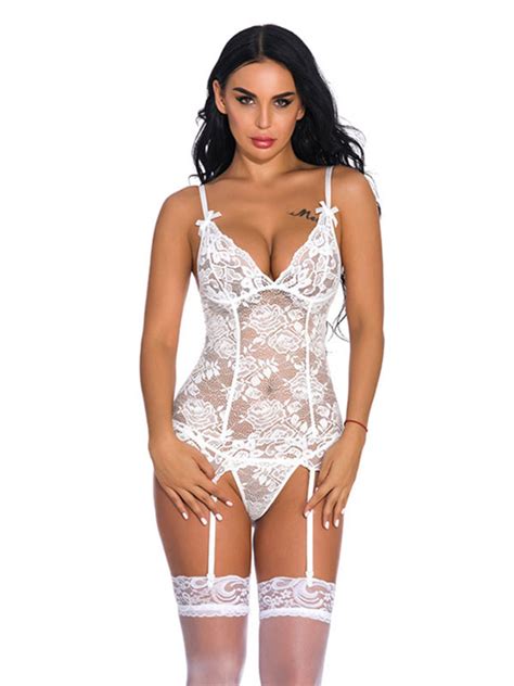 White Sexy Hosiery Wome White Lace 3 Piece Lingerie Set