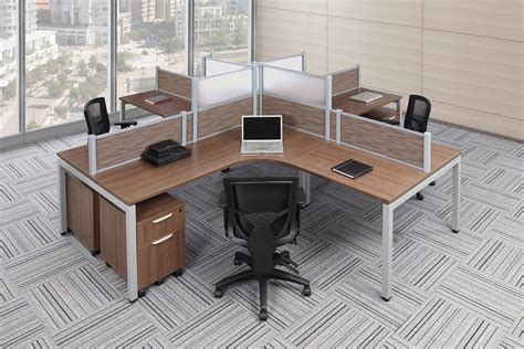 Modern Walnut 4 Person L Shaped Desk With Privacy Panels Elements By