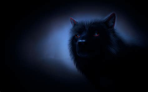 Download Wallpapers Black Wolf Darkness Wolf With Blue Eyes Fog