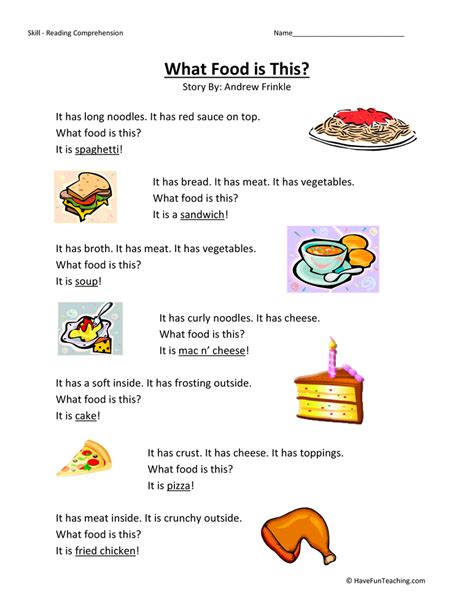 What Food Is This Reading Comprehension Worksheet Have Fun Teaching